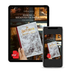 A digital mockup showing a tablet and smartphone displaying a guide titled 'Making a Kickstarter Project' with a preview of 'The Sketchbook Never Was to be Novel' on the screen. A hand holding the book is visible on the tablet display, and red PDF icons appear in the corners.