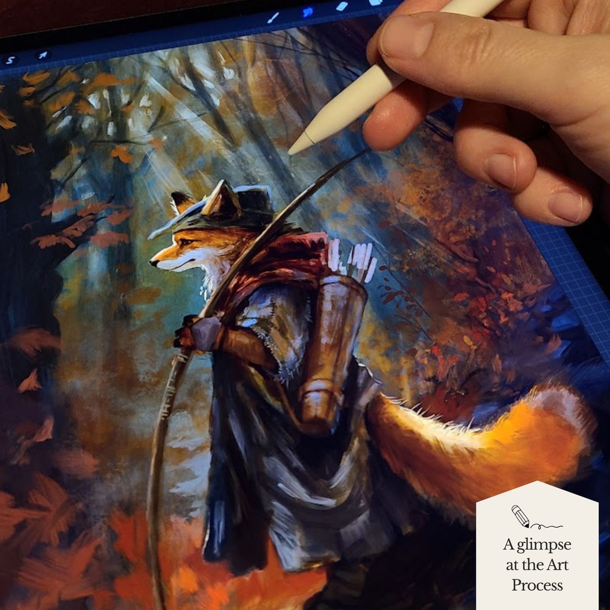 A hand holding a white stylus draws on a tablet showing a digital painting of a fox dressed as a knight in a forest. A white label in the bottom right corner reads 'A glimpse at the Art Process'.