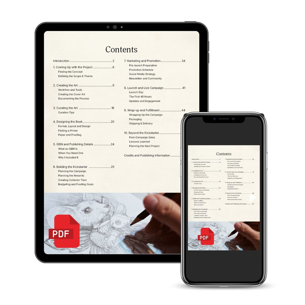 A digital preview showing a tablet and smartphone displaying a book or guide's table of contents page. The screen design has a warm cream background with black text, a small red PDF icon, and a faint illustration near the bottom.