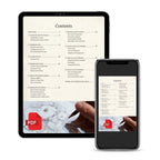 A digital preview showing a tablet and smartphone displaying a book or guide's table of contents page. The screen design has a warm cream background with black text, a small red PDF icon, and a faint illustration near the bottom.