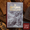 A hardcover sketchbook titled "The Sketchbook of NeverWas and NotYet" by Kiri Oestergard Leonard, displayed upright on a styled background of old books. The cover features intricate black and white fantasy illustration with gold title lettering.