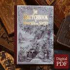 A hardcover sketchbook titled "The Sketchbook of NeverWas and NotYet" by Kiri Oestergard Leonard, displayed upright on a styled background of old books. The cover features intricate black and white fantasy illustration with gold title lettering.