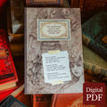 A vintage-style sketchbook cover titled 'The Heretofore Undisclosed Sketchbook of Subject 1984' lies on top of stacked antique books. The cover features sepia-toned illustrations and a torn paper note with text.