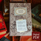 A vintage-style sketchbook cover titled 'The Heretofore Undisclosed Sketchbook of Subject 1984' lies on top of stacked antique books. The cover features sepia-toned illustrations and a torn paper note with text.