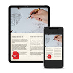 A digital book or guide titled 'Creating the Career Art' shown on a tablet and a smartphone mockup against a plain white background. The screens display a sketchbook page with a hand drawing and text sections, plus red PDF icons.