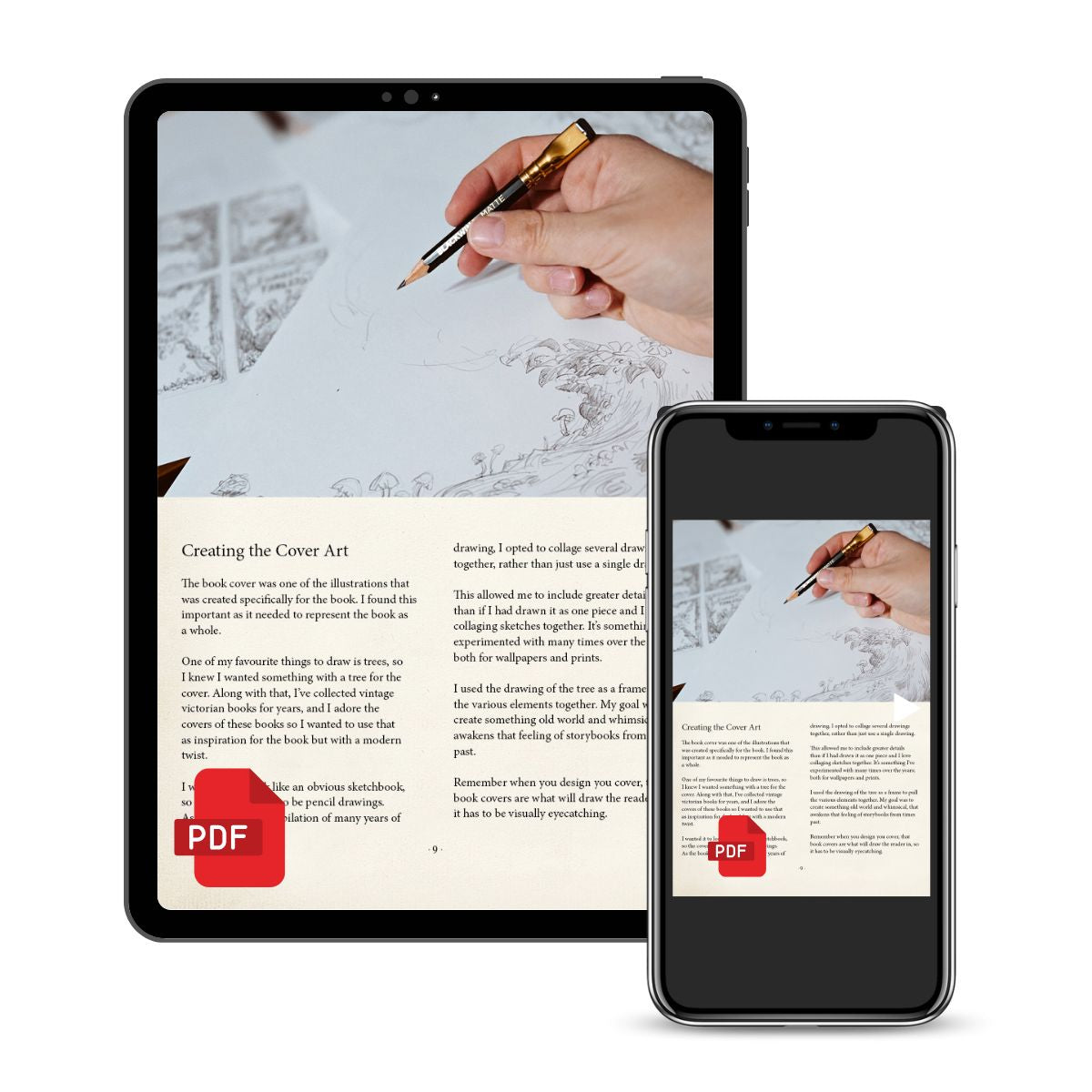 A digital book or guide titled 'Creating the Career Art' shown on a tablet and a smartphone mockup against a plain white background. The screens display a sketchbook page with a hand drawing and text sections, plus red PDF icons.