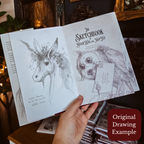 A hand holds an open sketchbook showing pencil drawings of a unicorn and a monster, with the title 'The Sketchbook of NeverWas and NotYet' visible on the right page. The scene is indoors with warm lighting and framed art in the background.