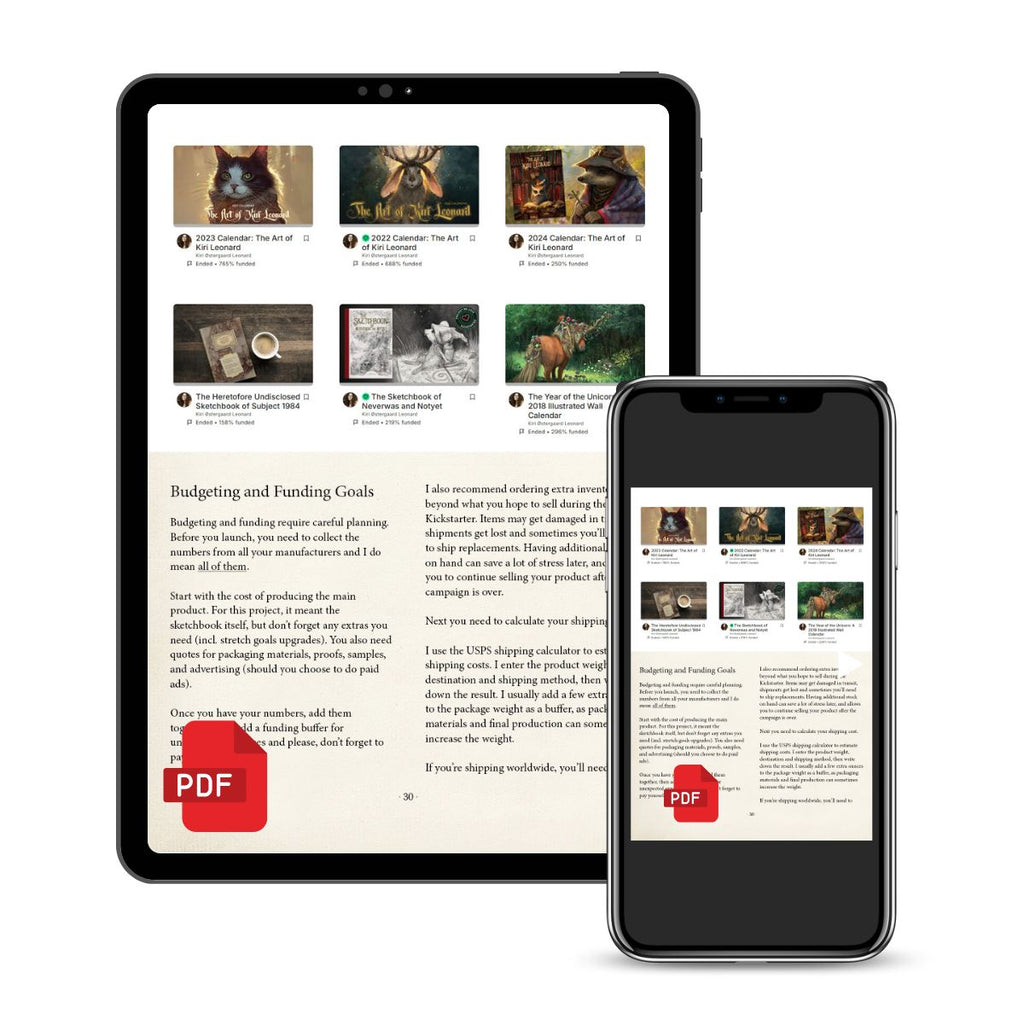 A digital guide or ebook displayed on a tablet and a smartphone mockup against a plain white background. The screens show a webpage layout with multiple thumbnail images and a text section titled 'Budgeting and Funding Goals,' plus red PDF download badges.