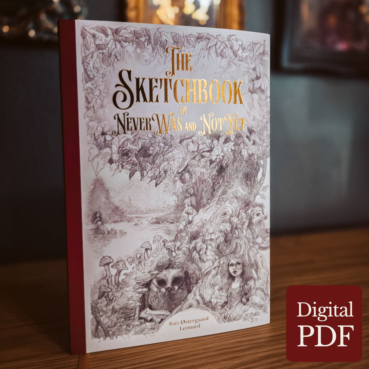A hardcover sketchbook titled 'The Sketchbook of NeverWas and NotYet' by Kiri Oestergaard Leonard, standing upright on a wooden surface. The cover features a detailed sepia-toned illustration with gold title lettering, and a red spine.
