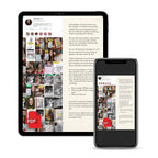 A digital mockup showing a tablet and smartphone displaying a social media content creator's profile page with text posts and a collage of photos, plus a red PDF icon overlay, on a plain white background.