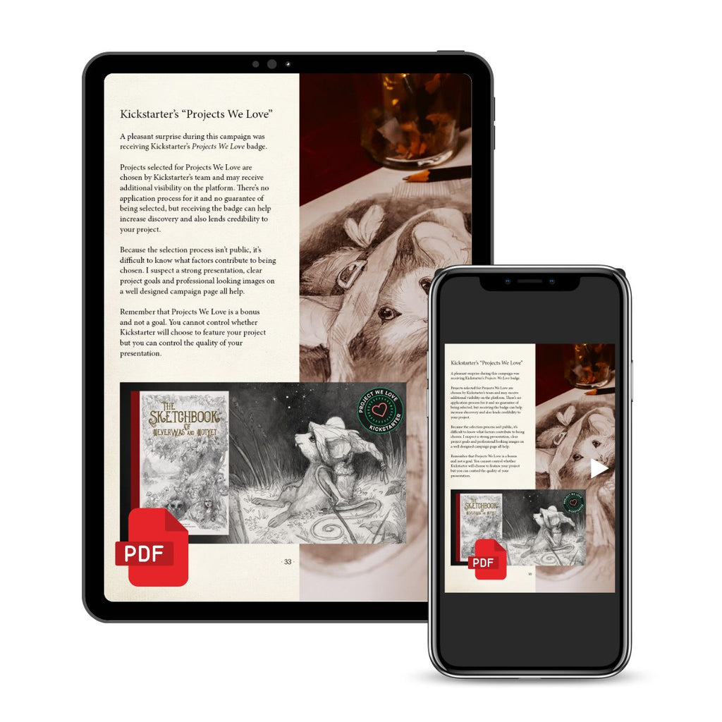 A digital mockup showing a tablet and smartphone displaying a brochure or website layout for Kicksstarter's 'Projects We Love' campaign, with vintage-style artwork and text sections.