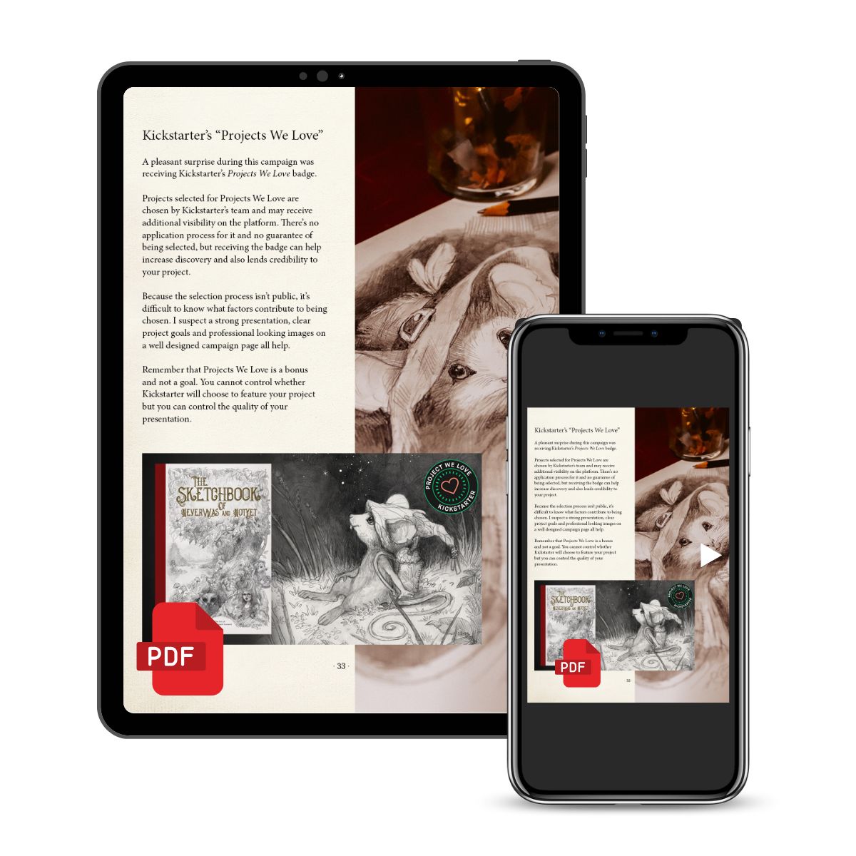 A digital mockup showing a tablet and smartphone displaying a brochure or website layout for Kicksstarter's 'Projects We Love' campaign, with vintage-style artwork and text sections.