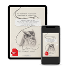 A digital preview of a PDF art print displayed on a tablet and a smartphone mockup against a white background. The print features a detailed pencil sketch of an owl with the text 'The Hereticore Uninclosed Sketchbook of Subject 179' by Kiri Outergard Leonard, with a red PDF icon overlay.