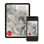 A digital book or PDF preview shown on a tablet and a smartphone against a light gray background. The screens display a black-and-white illustrated scene with a girl at a desk surrounded by whimsical creatures, and small red PDF icons appear near the bottom of each screen.