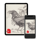A digital art print preview shown on a tablet and a smartphone screen. The artwork is a black-and-white sketch of a girl riding a raven, with a red PDF icon in the lower left corner.