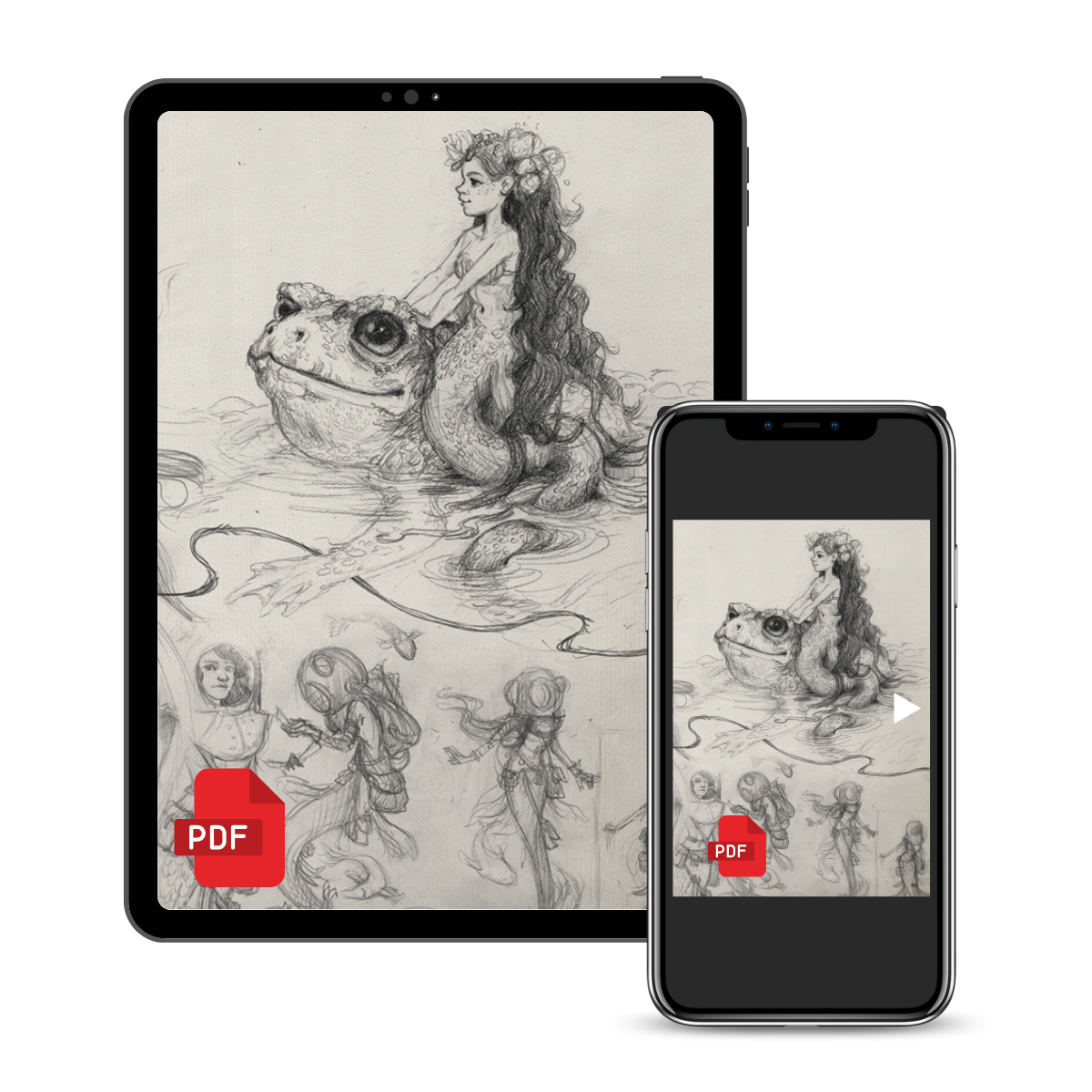 A digital preview showing a tablet and smartphone displaying a monochrome sketch of a mermaid riding a frog, with red PDF icons in the lower corners. The devices are isolated on a light gray background.