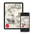 A digital preview showing a tablet and smartphone displaying a monochrome sketch of unicorns and fantasy animals on an off-white page, with red PDF icons at the bottom. The devices are isolated on a light gray background.