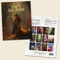 The front and back of a 2024 art calendar titled 'The Art of Kiri Leonard' are displayed on a light beige background. The front cover features a fantasy illustration of a fox in a dark cloak holding a bow, while the back cover displays a grid of twelve colorful fantasy art illustrations and descriptive text.