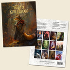The front and back of a 2024 art calendar titled 'The Art of Kiri Leonard' are displayed on a light beige background. The front cover features a fantasy illustration of a fox in a dark cloak holding a bow, while the back cover displays a grid of twelve colorful fantasy art illustrations and descriptive text.