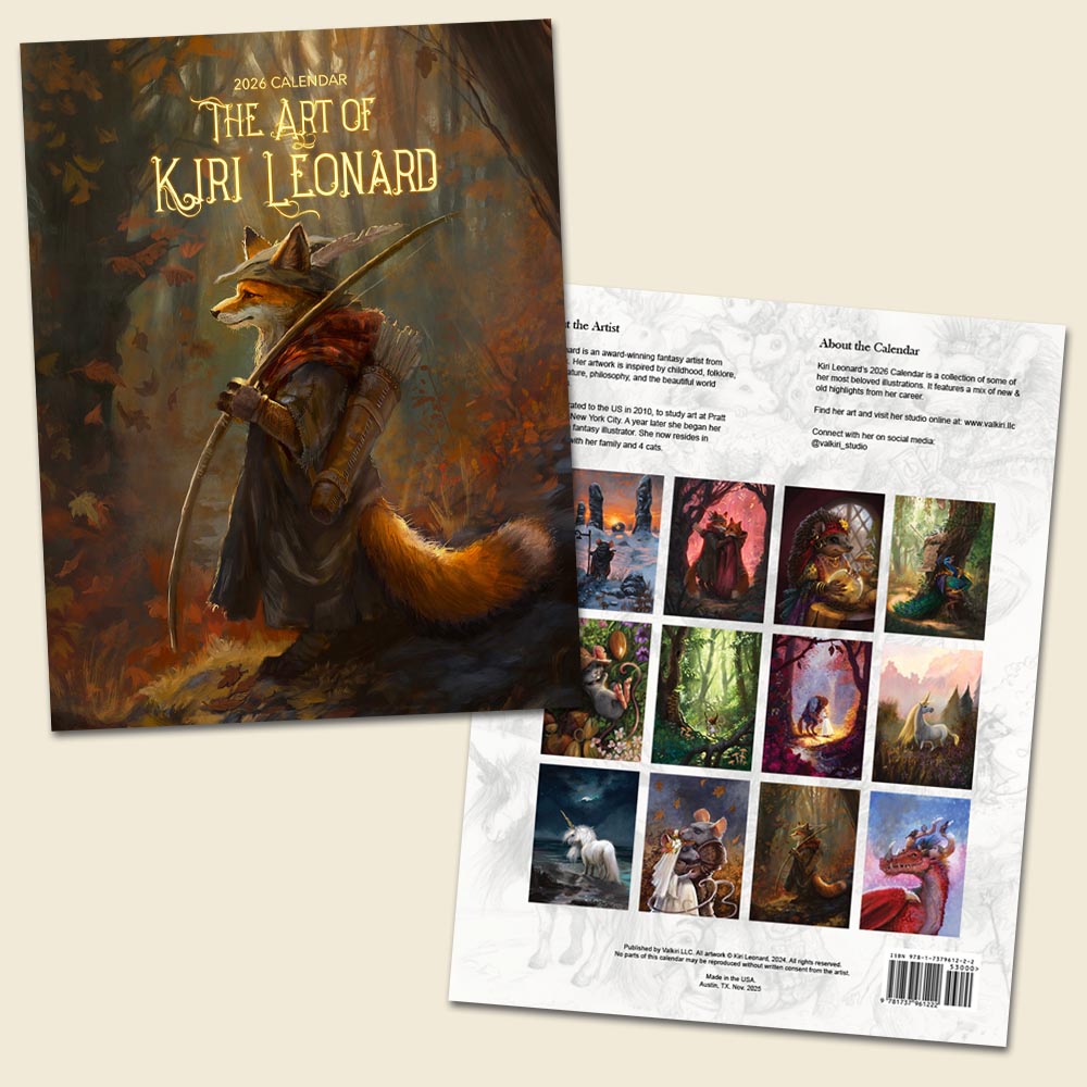 The front and back of a 2024 art calendar titled 'The Art of Kiri Leonard' are displayed on a light beige background. The front cover features a fantasy illustration of a fox in a dark cloak holding a bow, while the back cover displays a grid of twelve colorful fantasy art illustrations and descriptive text.