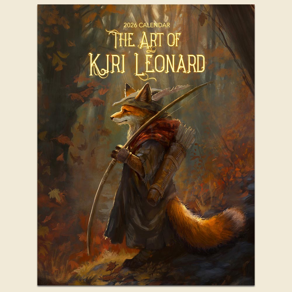 2026 calendar cover titled 'The Art of Kiri Leonard' featuring an illustrated fox in a dark forest with autumn leaves, wearing a hat, cloak, and holding a bow. The cover is shown centered on a light beige background.