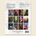 Back cover of a book or art print featuring two columns of text titled 'About the Artist' and 'About the Calendar,' surrounded by a grid of twelve fantasy illustration panels on a white background with faint decorative line art.