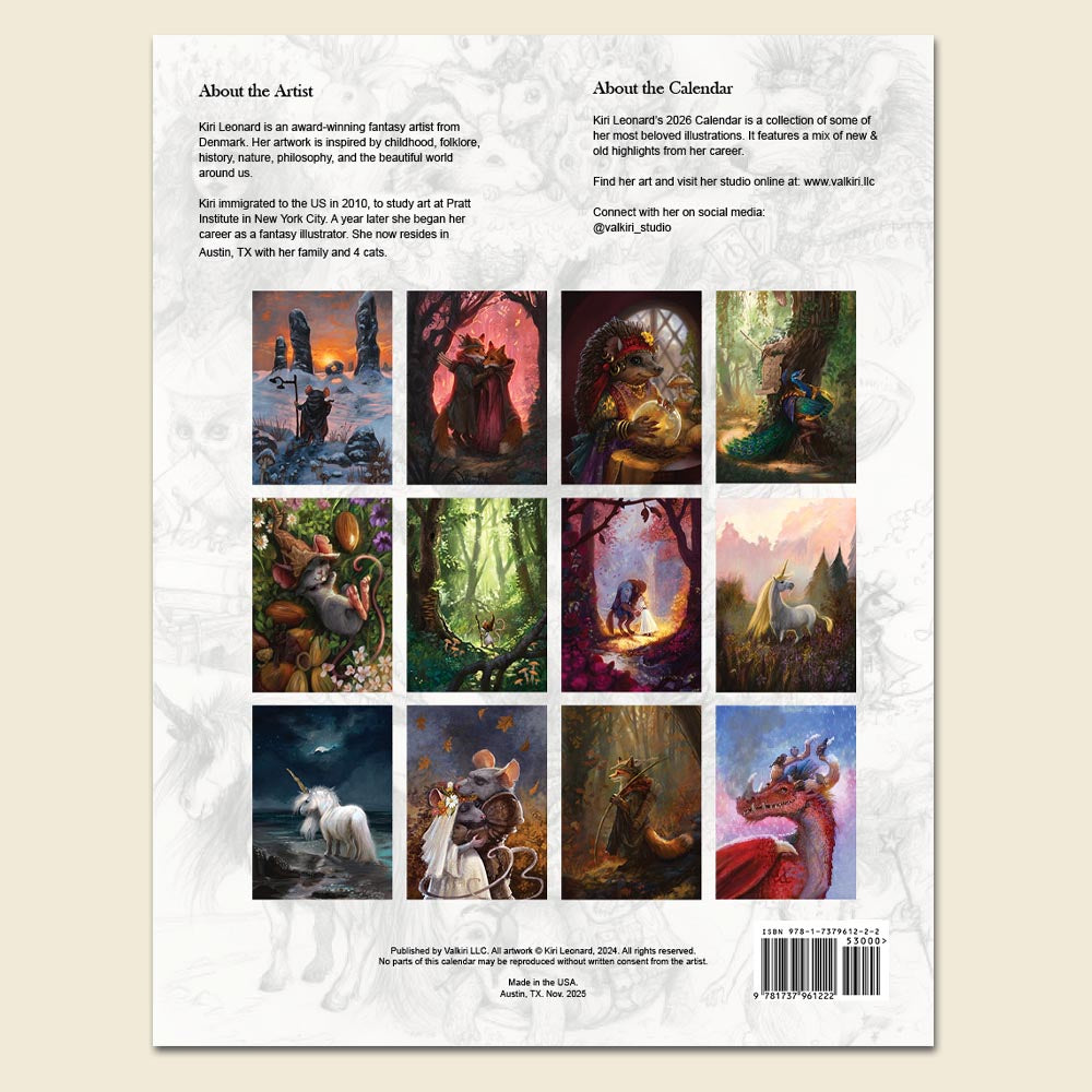 Back cover of a book or art print featuring two columns of text titled 'About the Artist' and 'About the Calendar,' surrounded by a grid of twelve fantasy illustration panels on a white background with faint decorative line art.