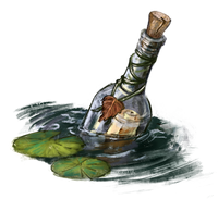 A watercolor-style illustration of a glass bottle with a cork stopper, wrapped in string and containing a letter, floating in dark water with lily pads on a white background.
