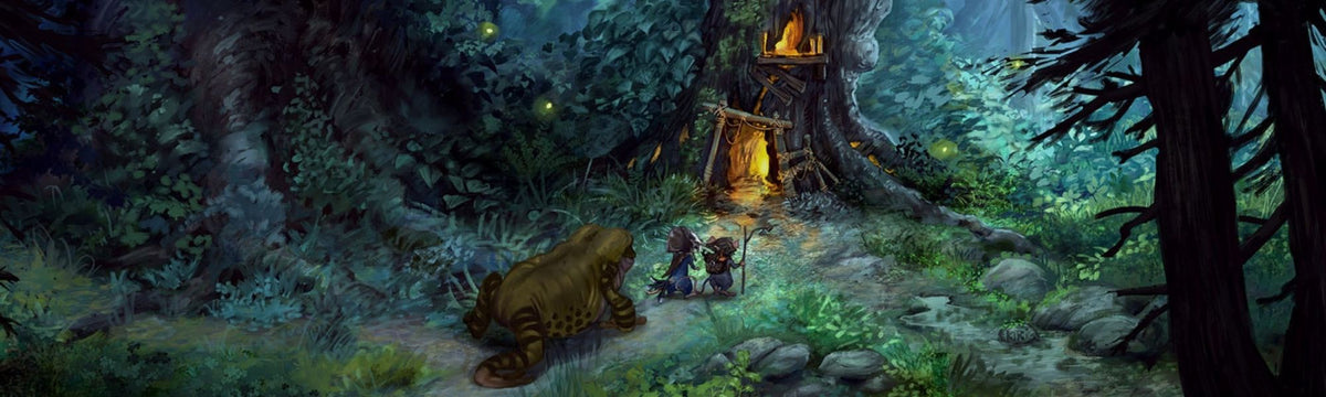 Fantasy digital art print depicting a small wooden treehouse with a glowing fire, situated in a dense, mystical forest with a large brown creature in the foreground and tiny figures standing near the entrance.