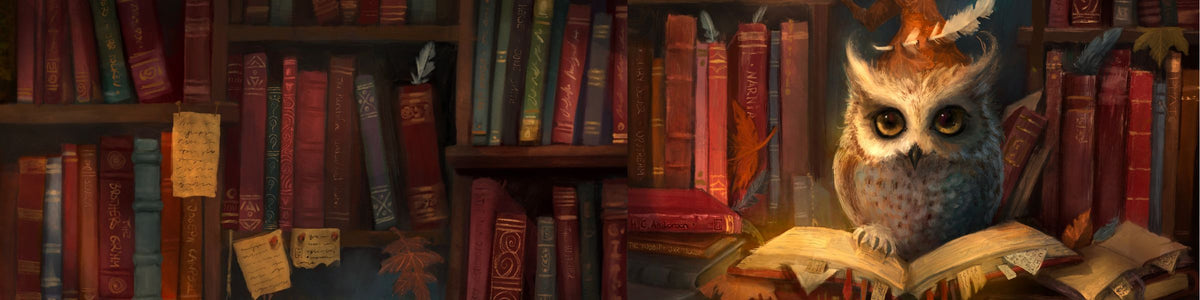 A fantasy illustration of an owl perched on an open book in front of tall bookshelves filled with red and brown books.