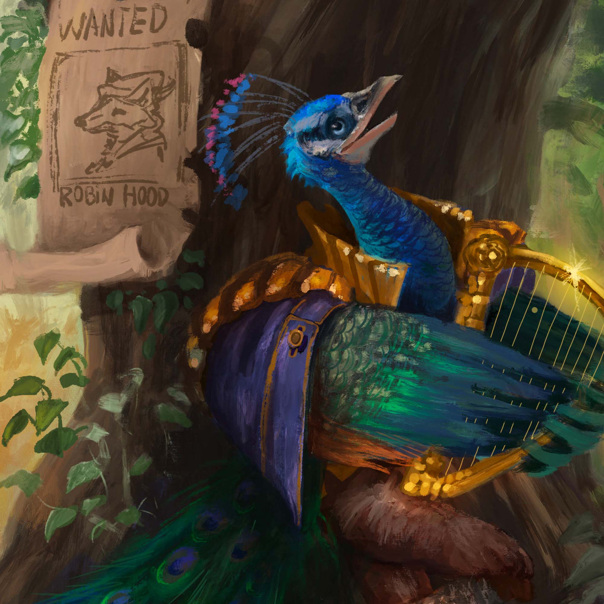 A painted fantasy scene showing a peacock dressed in ornate gold and purple clothing, seated beside a harp and a torn 'WANTED' poster that reads 'Robin Hood.' Because the depicted scene itself appears to be the artwork being sold rather than a real photographed product in a room, this fits Scenery rather than Lifestyle or Product/Packaging.