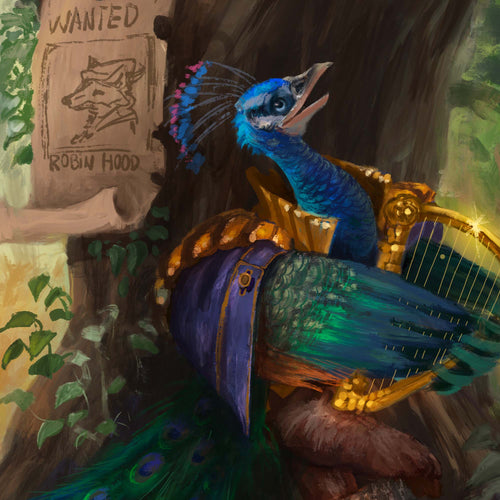A painted fantasy scene showing a peacock dressed in ornate gold and purple clothing, seated beside a harp and a torn 'WANTED' poster that reads 'Robin Hood.' Because the depicted scene itself appears to be the artwork being sold rather than a real photographed product in a room, this fits Scenery rather than Lifestyle or Product/Packaging.