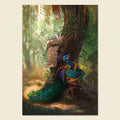 A vertical fantasy art print depicting a peacock-like bird with a long green and blue tail standing beside a tree trunk in a misty forest, holding a sign that reads 'WANTED: WITCH'. The print is shown centered on a light beige background.