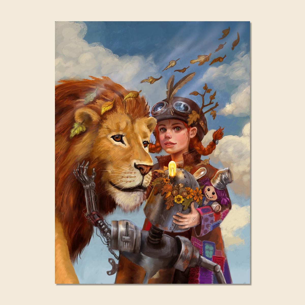 A surreal art print featuring a lion and a girl in steampunk goggles holding a flower pot, set against a blue sky with clouds and flying fish, displayed on a light beige background.