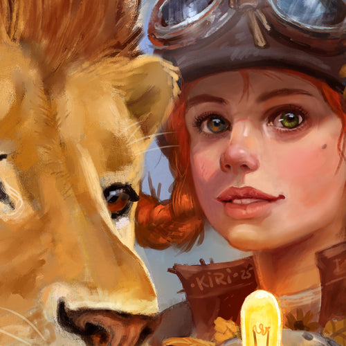 A close-up painted portrait showing a woman with red hair, goggles, and a brown hat beside a lion. The artwork has a painterly, impressionistic style with warm tan, brown, peach, and blue tones.
