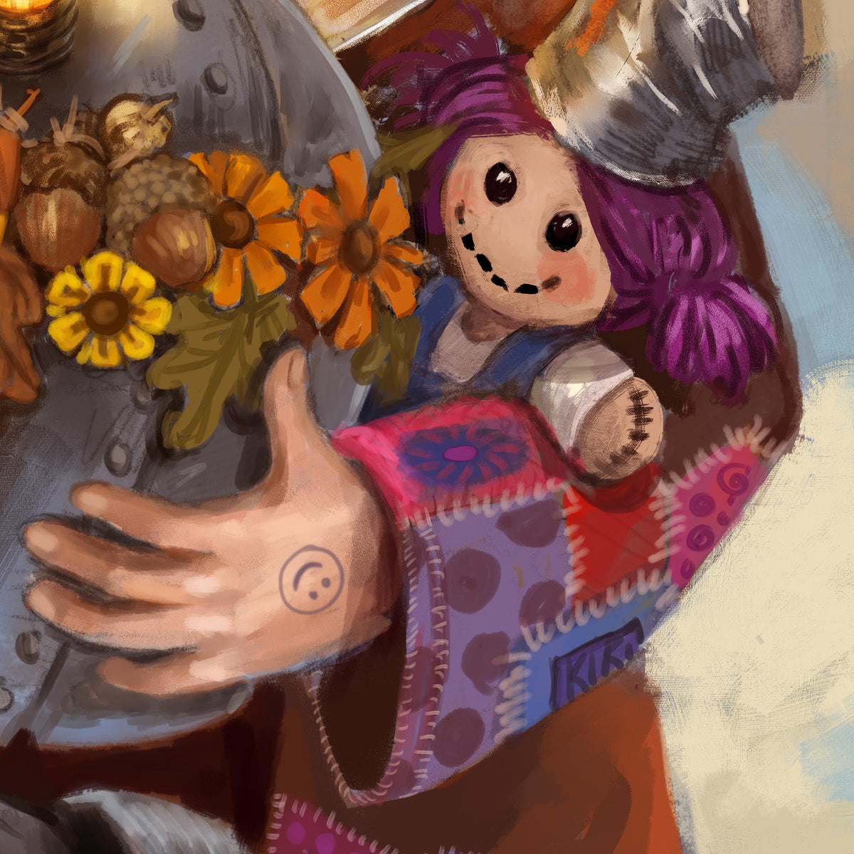A stylized painted illustration of a scarecrow character with purple hair, a metal bucket hat, and a patterned blanket, reaching toward orange flowers and acorns.