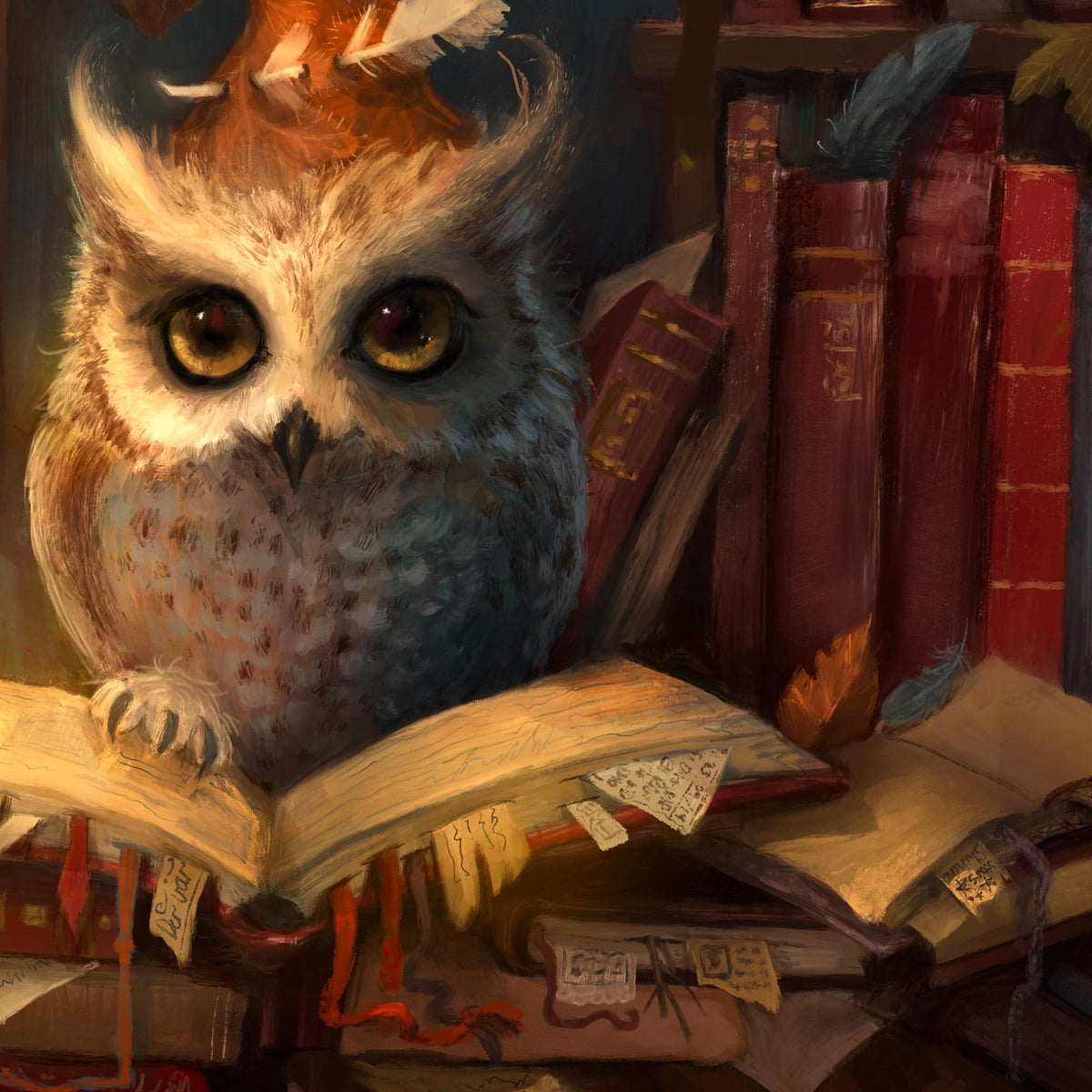 A painted owl with large yellow eyes perched on an open book among stacked old books and feathers, in a warm, dark interior scene.