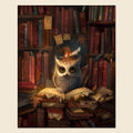 A fantasy-style illustration of a small owl sitting on an open book in a library filled with books. The owl has large yellow eyes and a feather and leaf crown, surrounded by stacks of old books on a beige background.