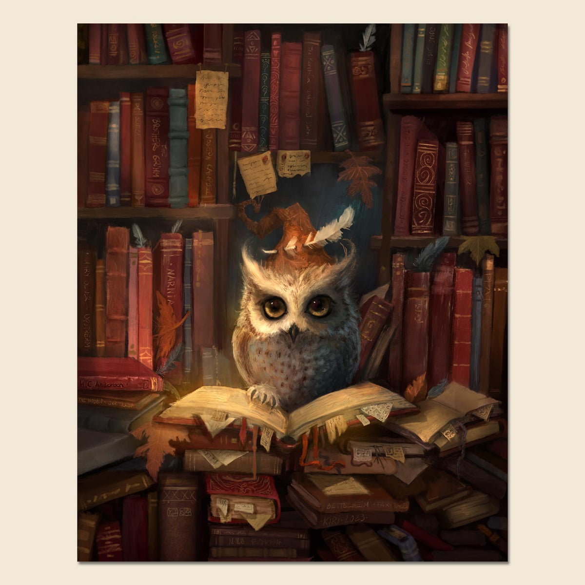 A fantasy-style illustration of a small owl sitting on an open book in a library filled with books. The owl has large yellow eyes and a feather and leaf crown, surrounded by stacks of old books on a beige background.