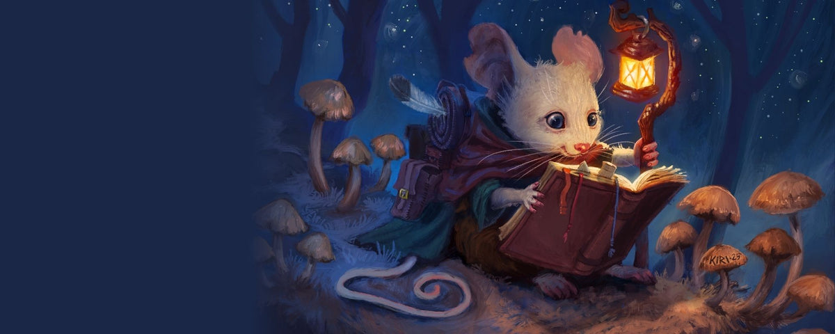 A whimsical fantasy illustration of a small white mouse in a dark forest, holding an open book and a glowing lantern. The scene is surrounded by mushrooms and has a dark blue background with a large dark blue vertical band on the left.