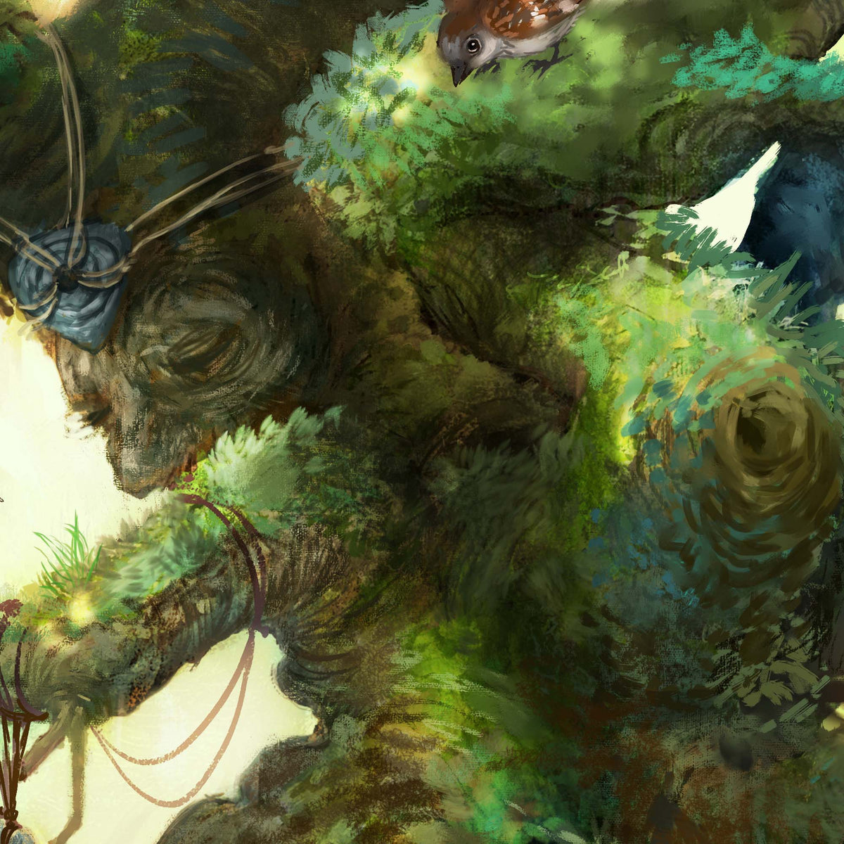A painterly fantasy artwork showing a large tree-like creature with mossy green and blue foliage, a small brown bird perched on its branch, and glowing light points against a pale background.