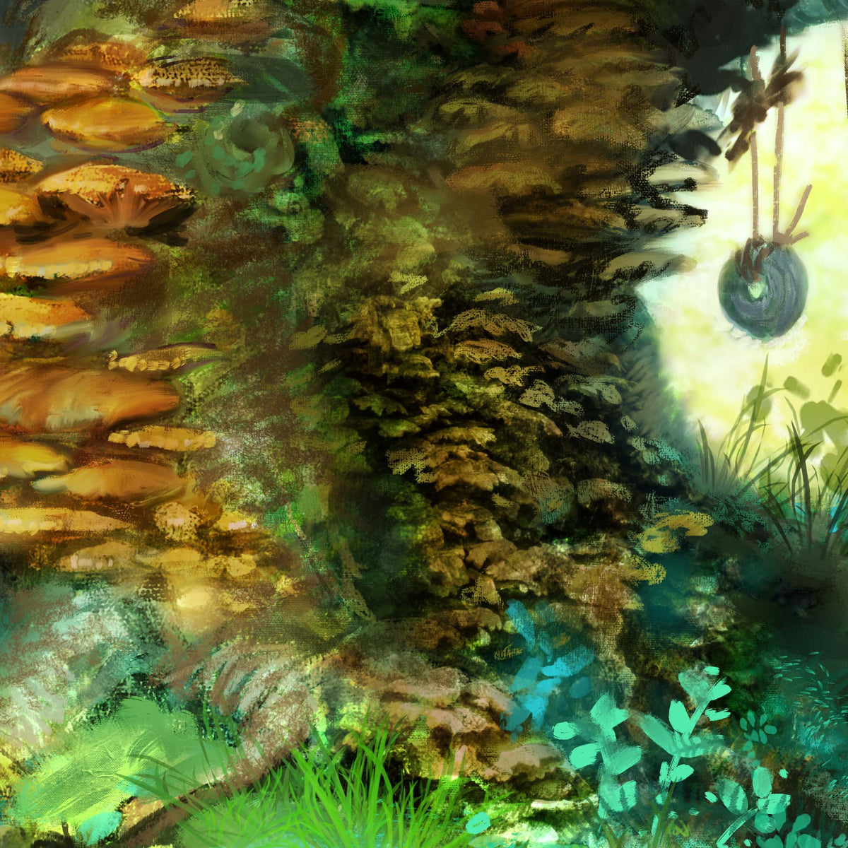 A painterly fantasy forest scene with a large mossy tree trunk, glowing yellow light on the right, green and blue foliage, and warm brown and gold tones throughout.