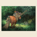 A fantasy art print depicting a brown pony adorned with long blonde hair, flowers, and a small fairy riding on its back, set in a lush green forest. The print is displayed against a light beige background.