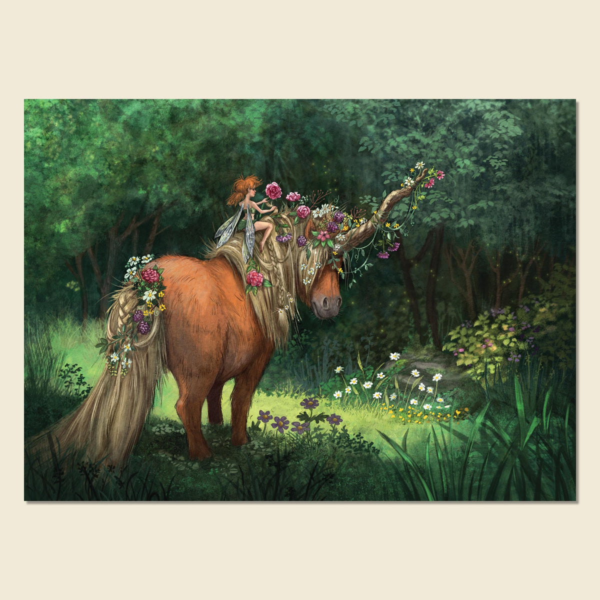 A fantasy art print depicting a brown pony adorned with long blonde hair, flowers, and a small fairy riding on its back, set in a lush green forest. The print is displayed against a light beige background.