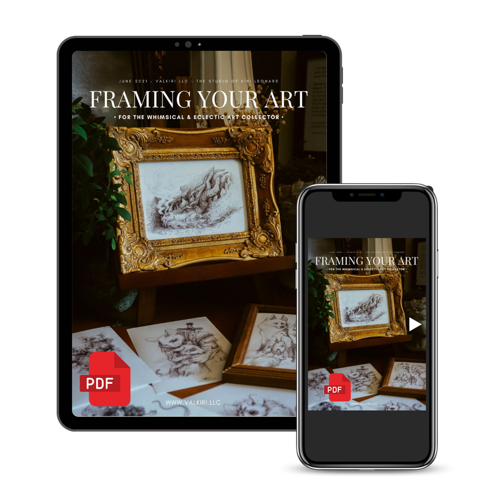 A digital product mockup showing a tablet and smartphone displaying a PDF guide titled 'FRAMING YOUR ART'. The screen features a preview of a framed artwork with sketches, and a red 'PDF' icon is visible in the lower left corner of the display.