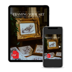 A digital product mockup showing a tablet and smartphone displaying a PDF guide titled 'FRAMING YOUR ART'. The screen features a preview of a framed artwork with sketches, and a red 'PDF' icon is visible in the lower left corner of the display.