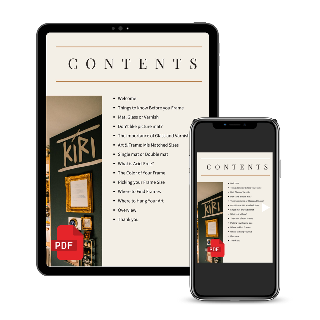 A digital PDF guide for selecting frames, shown on a tablet and smartphone screen mockup against a white background. The guide features a table of contents with a photo of a framed artwork.