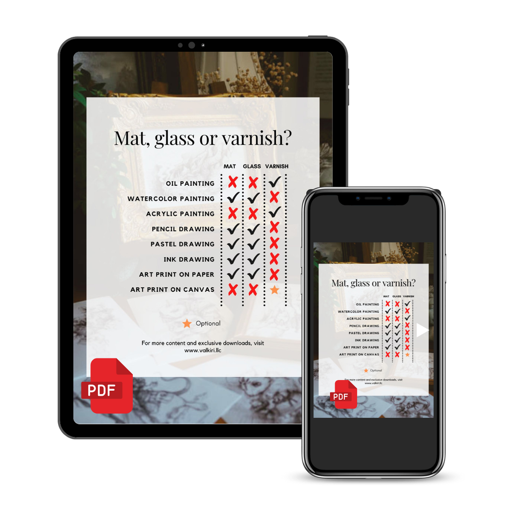 A digital product mockup showing a tablet and smartphone displaying a printable art supply checklist titled 'Mat, glass or varnish?' with a red PDF badge, on a clean white background.