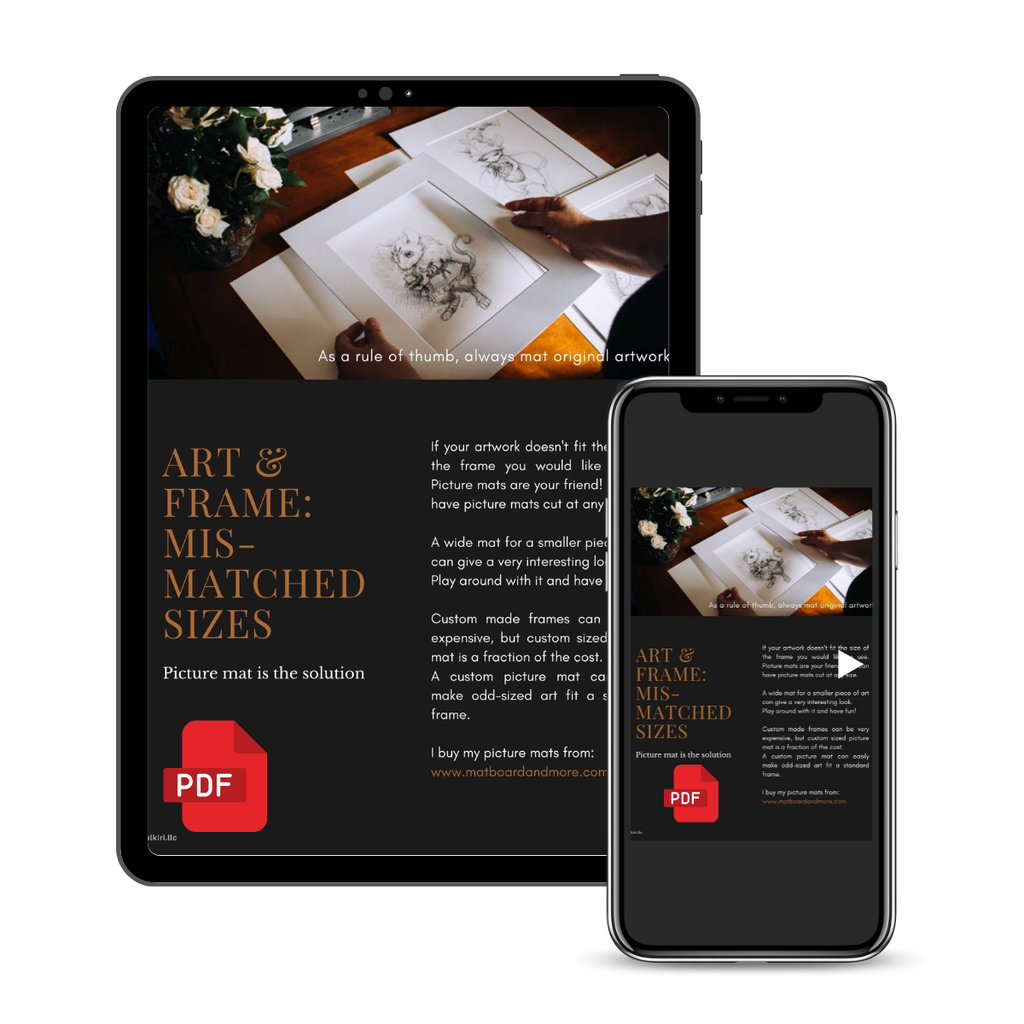 A digital mockup showing a tablet and smartphone displaying a PDF guide titled 'ART & FRAME: MIS-MATCHED SIZES' with a PDF icon, on a plain white background.