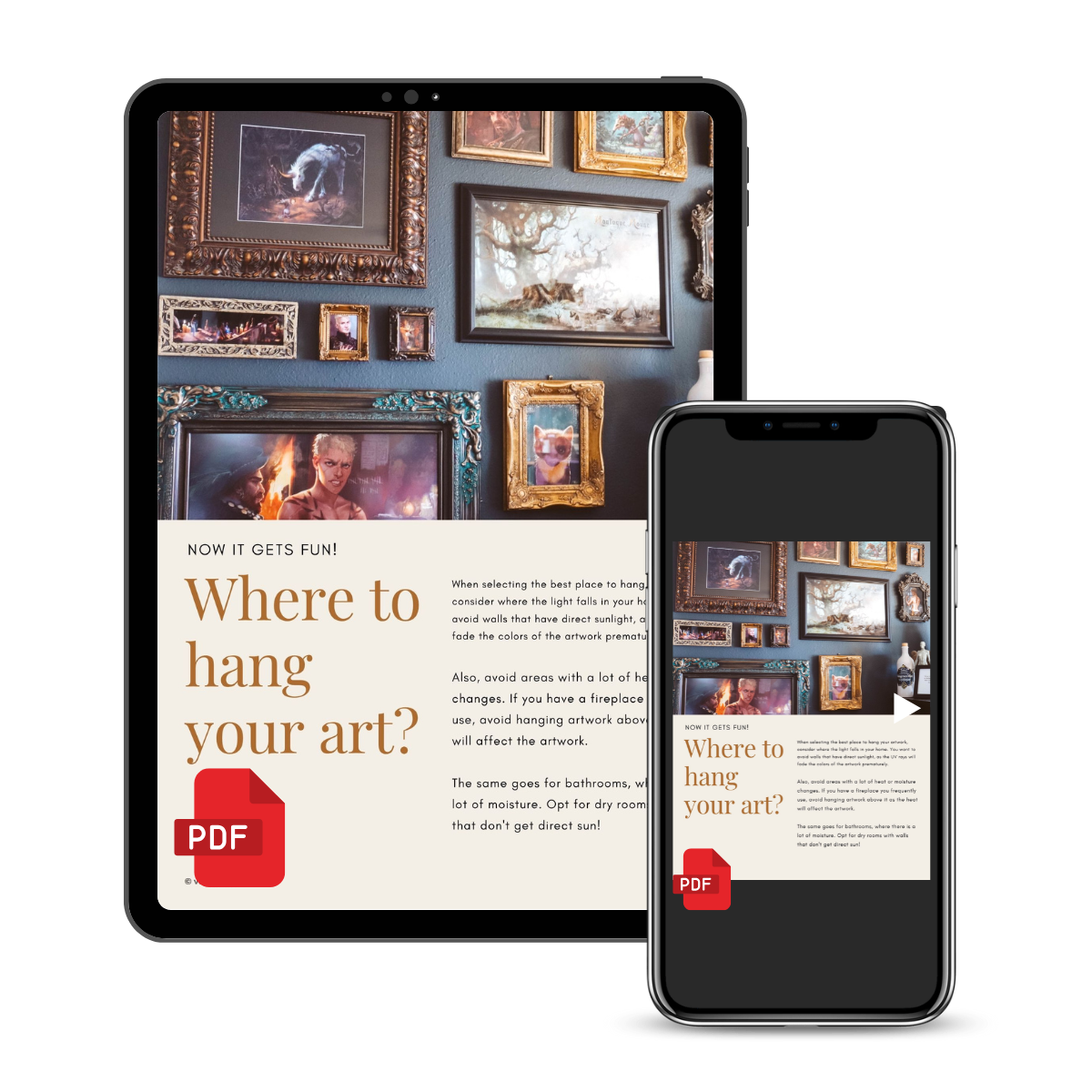A digital brochure or guide titled "Where to hang your art?" shown on a tablet and a smartphone screen, with a red PDF icon on each display, set against a plain white background.